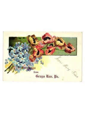 Greetings From Grays Run PA Vintage Postcard Floral Design Postmarked 1903